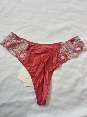 Vintage La Perla Pink Silk Thong with Floral Lace